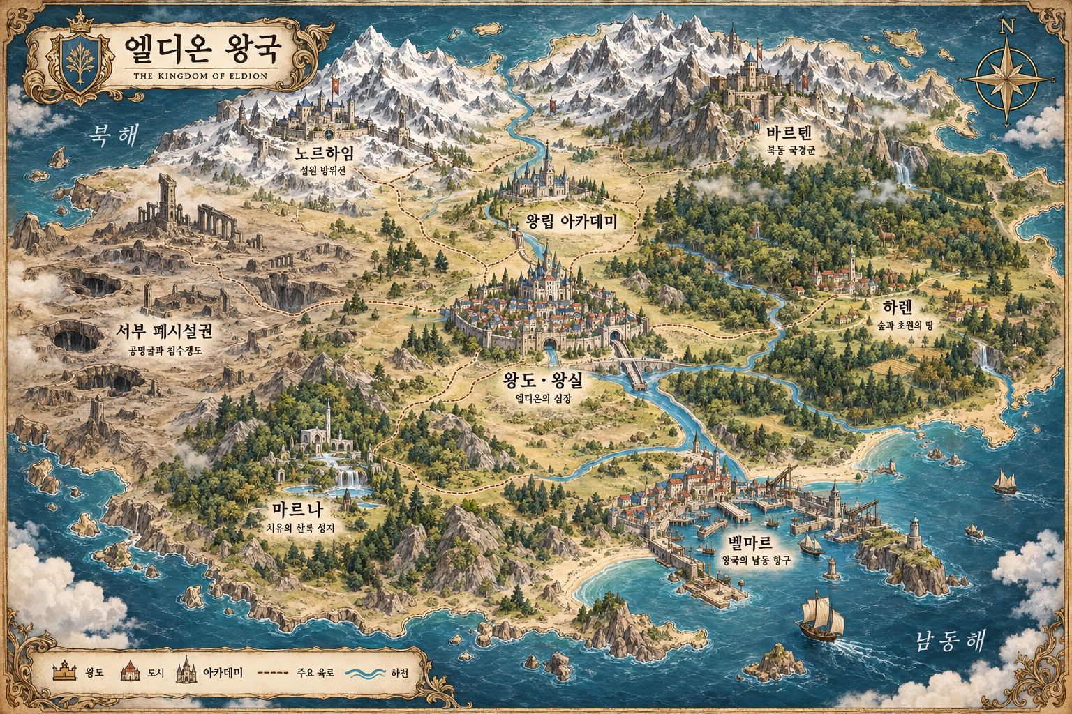 엘디온 왕국의 왕도, 북부 방위권, 하렌, 벨마르와 서부 폐시설권 지도